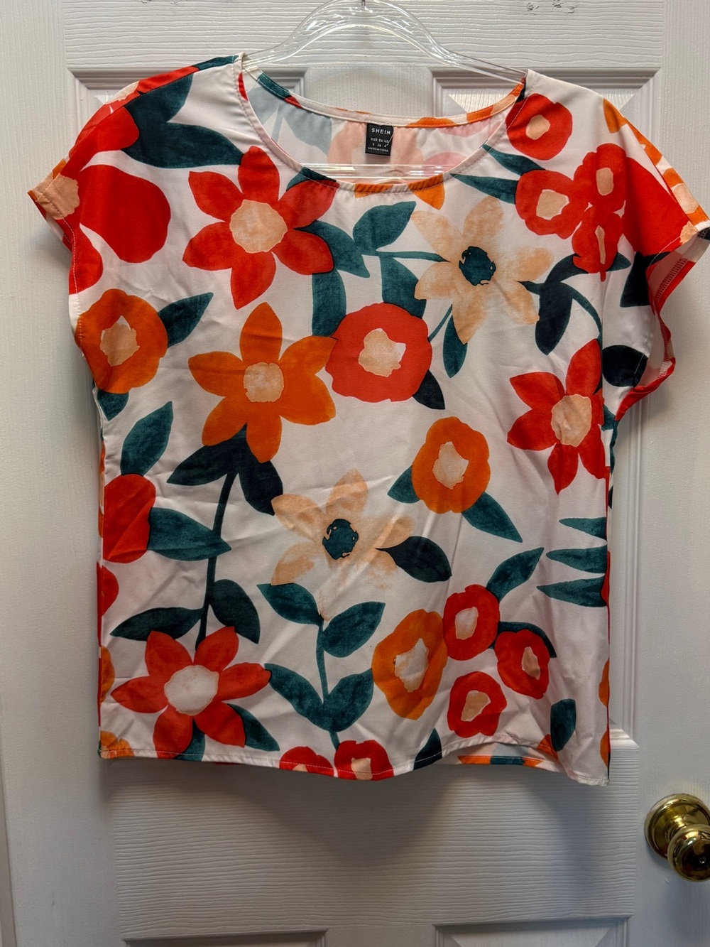 SHEIN White Floral Short-Sleeve Top with Red & Orange Blooms